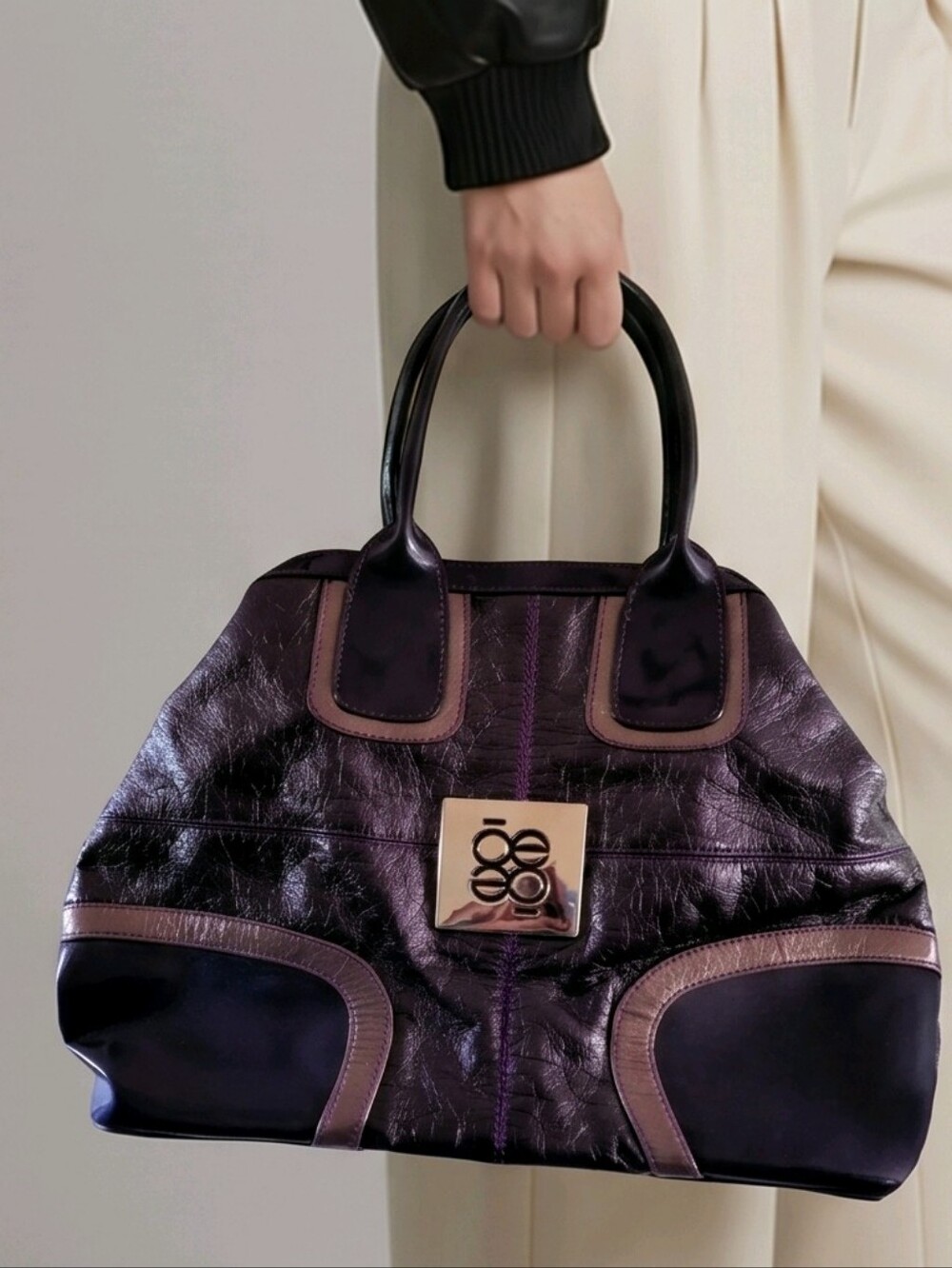Cloe Structured Purple Tote Shoulder Handbag with Metal Logo Accent